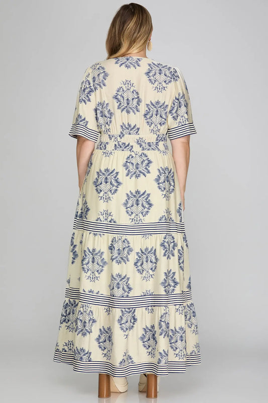 Blue  Woven Print Tiered Maxi Dress