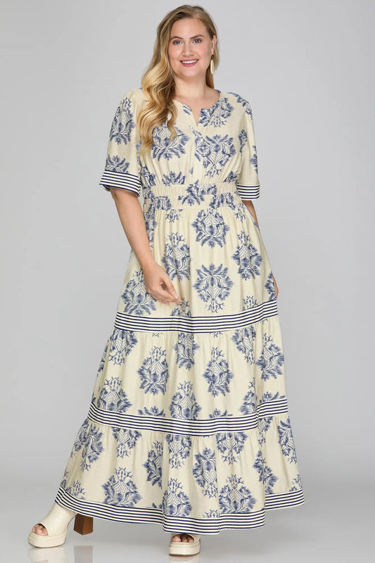Blue  Woven Print Tiered Maxi Dress