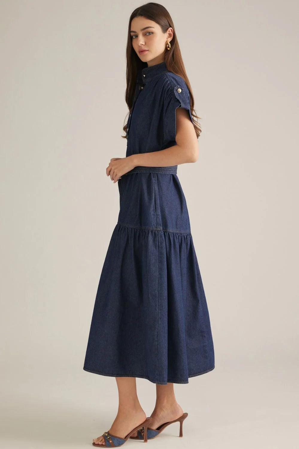 Dark Wash Denim Midi Dress with Belt