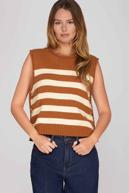 SLEEVELESS STRIPE SWEATER TOP WITH SIDE GOLD BUTTONS