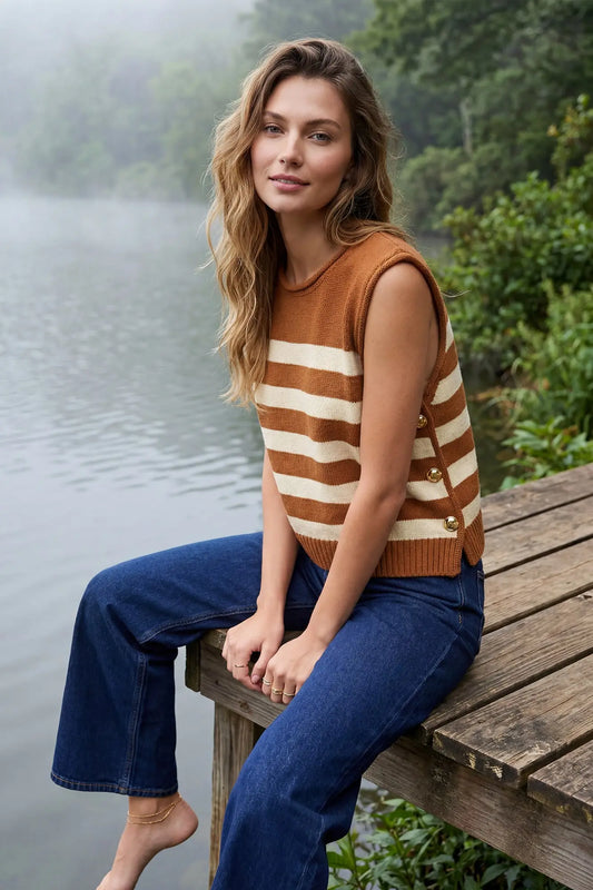 SLEEVELESS STRIPE SWEATER TOP WITH SIDE GOLD BUTTONS