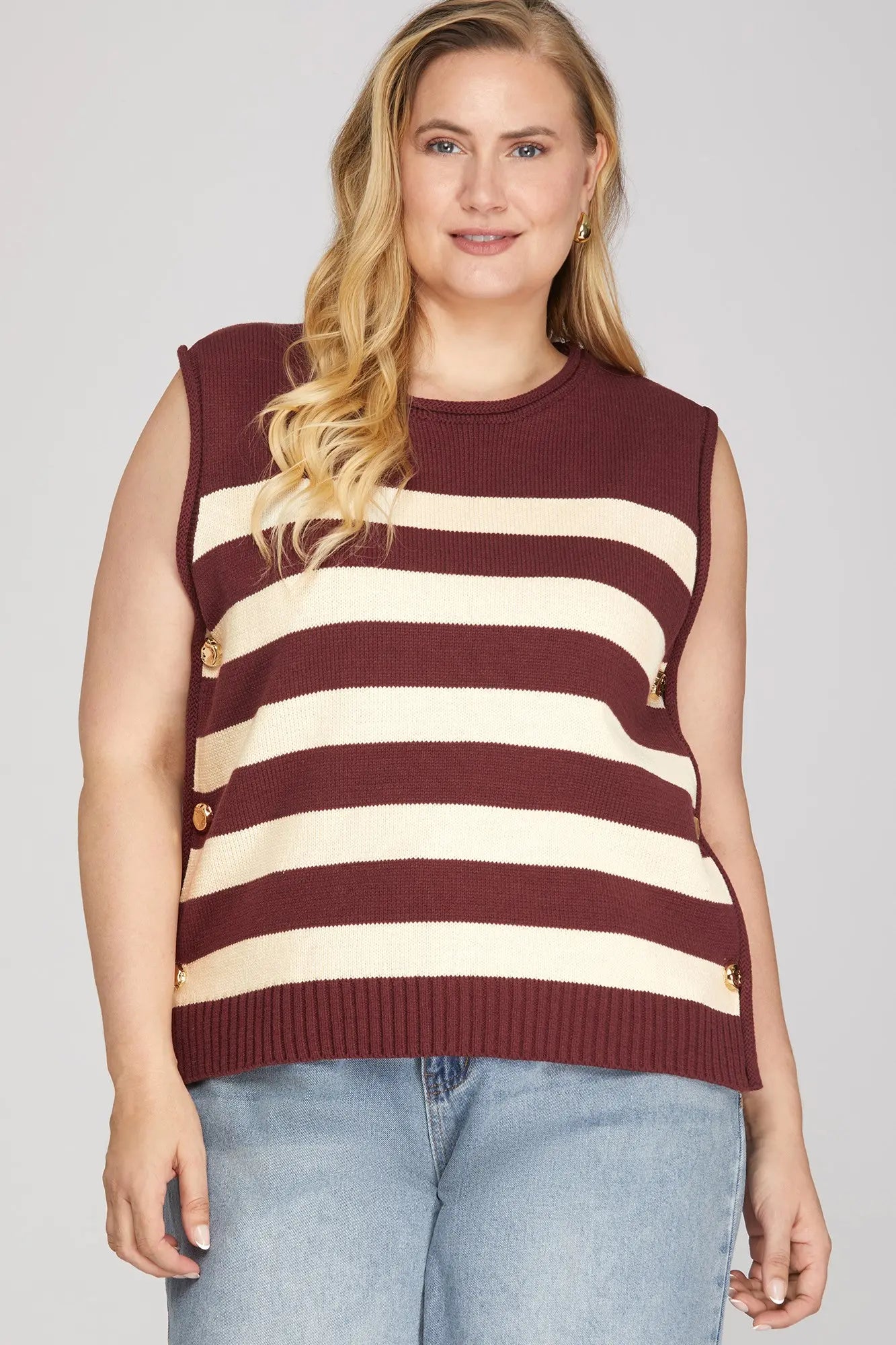 SLEEVELESS STRIPE SWEATER TOP WITH SIDE GOLD BUTTONS