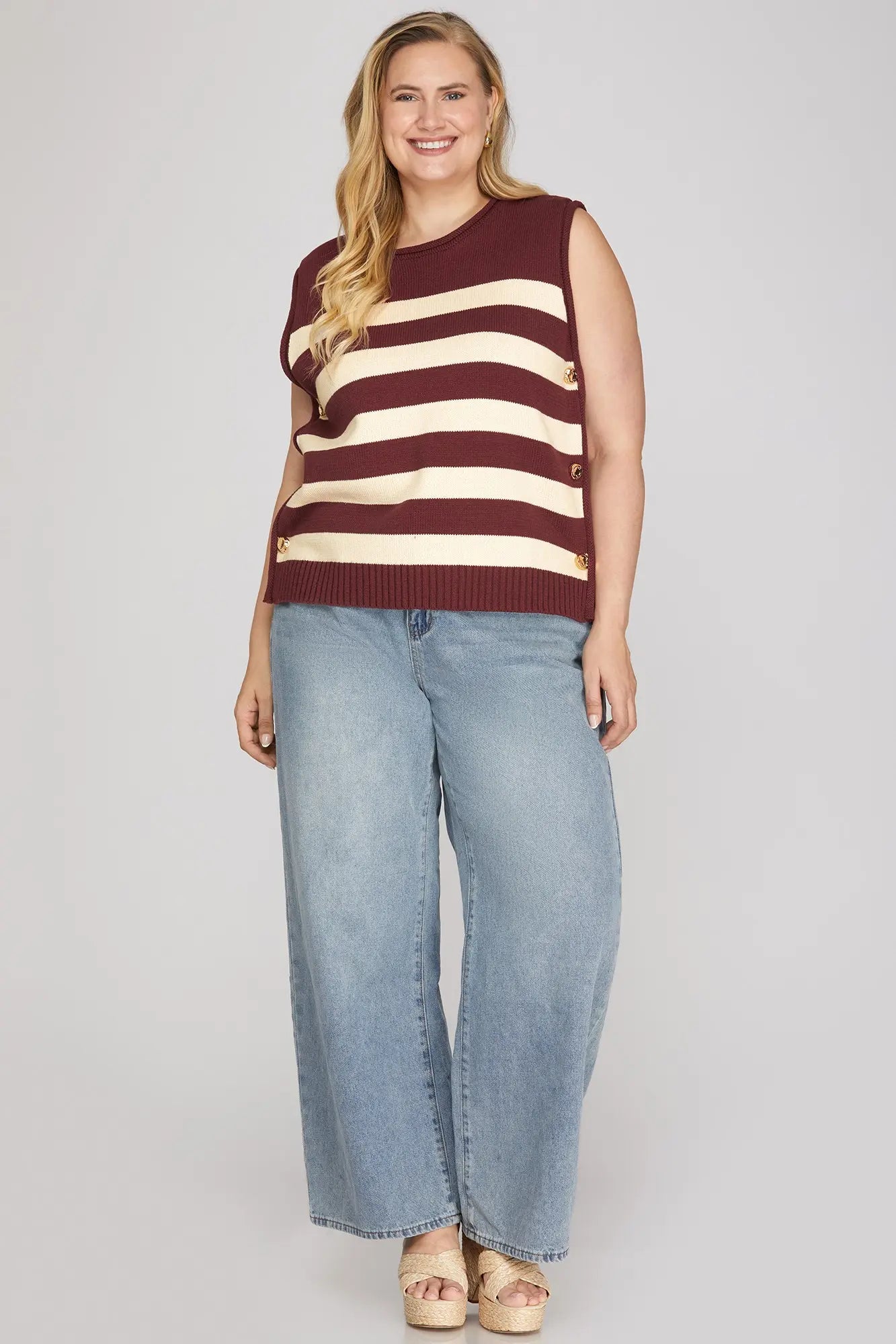 SLEEVELESS STRIPE SWEATER TOP WITH SIDE GOLD BUTTONS