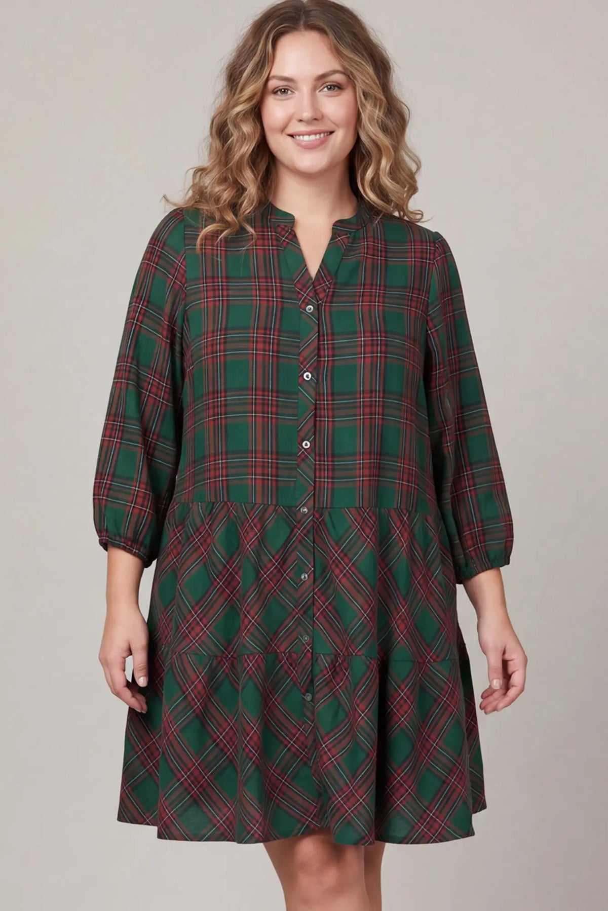 Green and Red Tartan Tiered Mini Dress