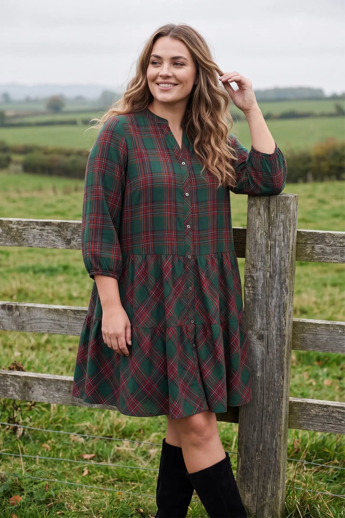Green and Red Tartan Tiered Mini Dress