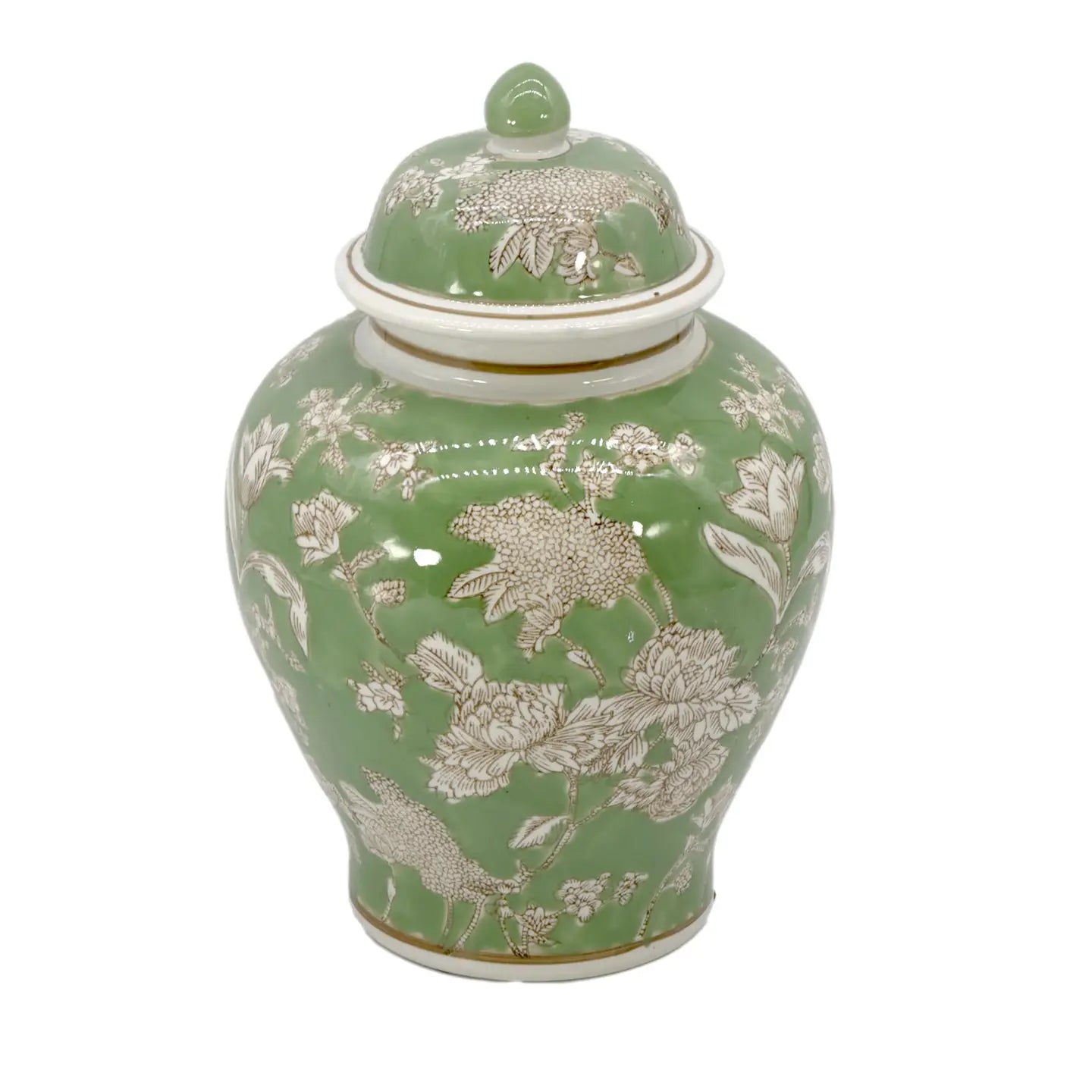 Green & White Floral Peony Ceramic Chinoiserie Jar 12"