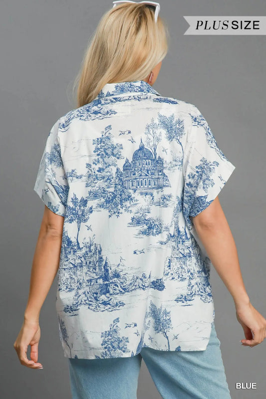 Two Tone bLUE Toile Print High Low Top