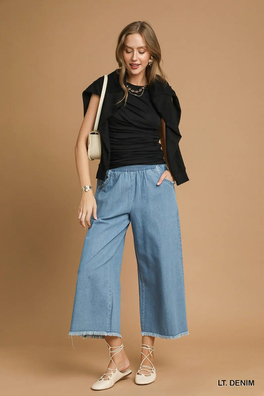 Washed Denim Wide Leg Pants
