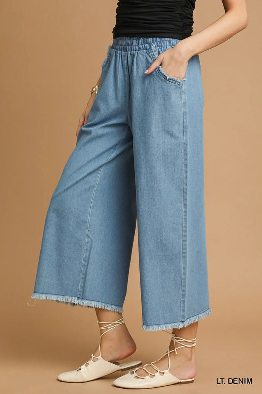 Washed Denim Wide Leg Pants