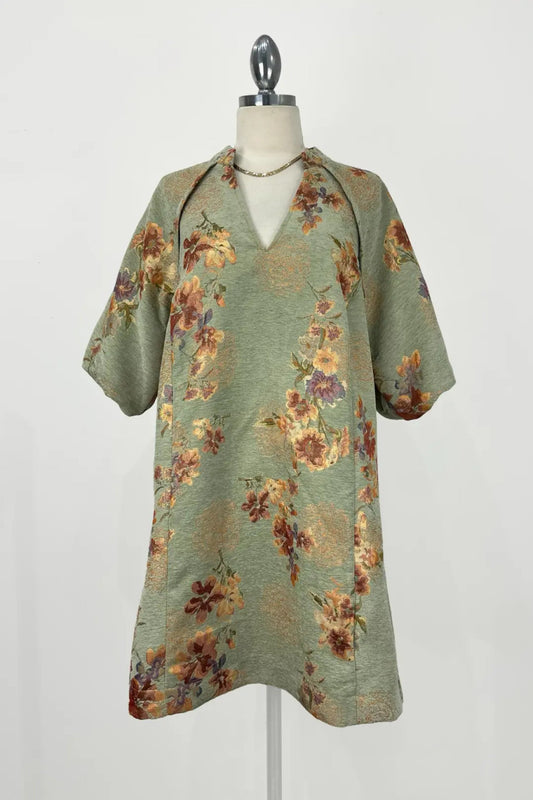 Sage Floral Jacquard Shift Dress with Puff Sleeves