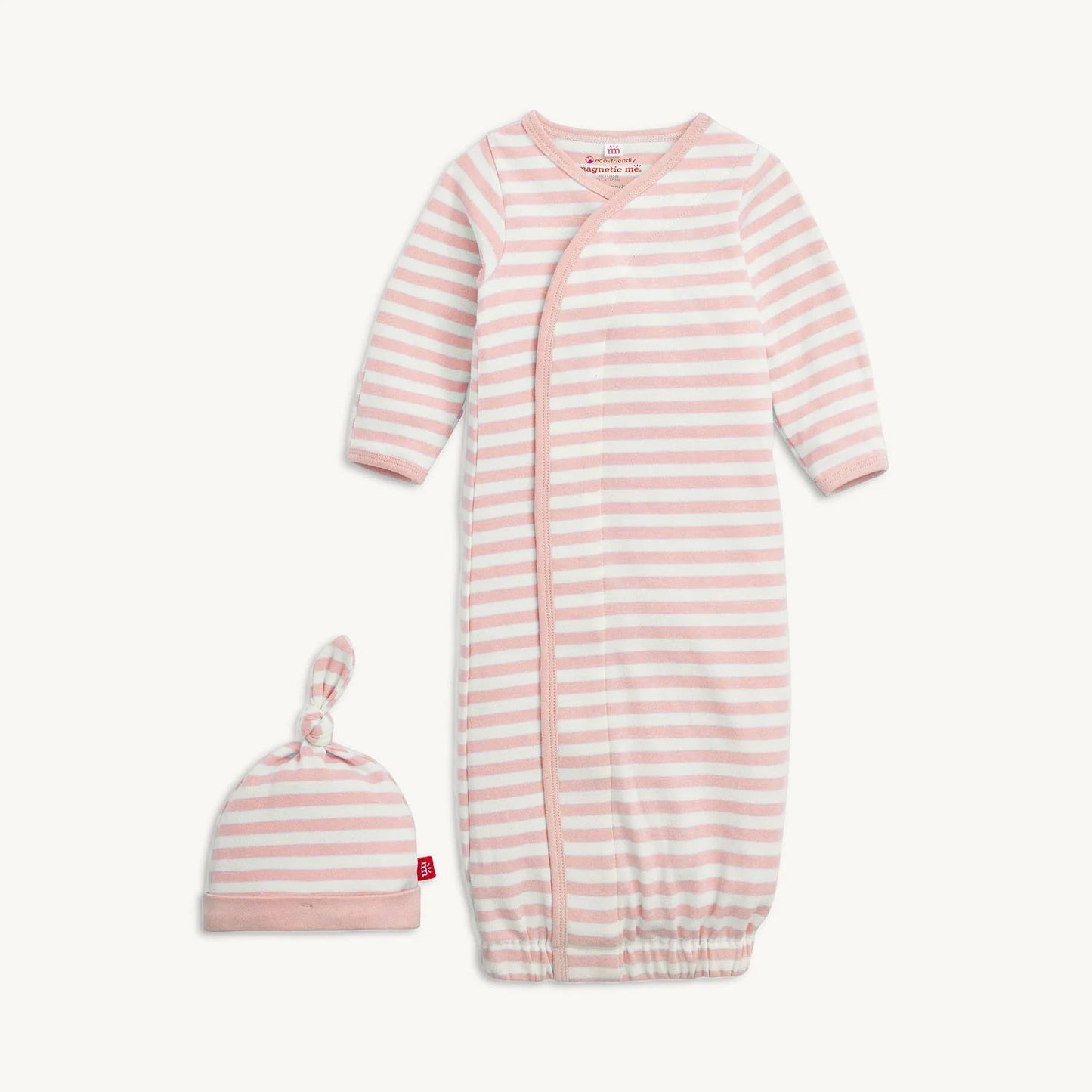 Pink Stripe Organic Cotton Gown and Hat Set   NB- 3mos
