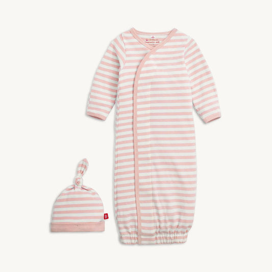 Pink Stripe Organic Cotton Gown and Hat Set   NB- 3mos