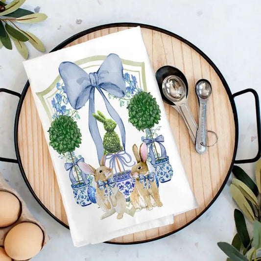 Bunny Topiary Preppy Tea Towel