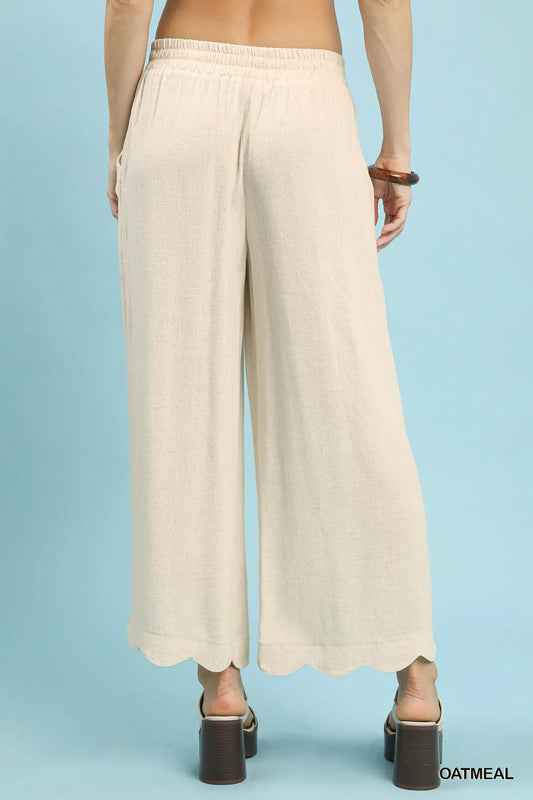 Scalloped Edge Linen Blend Pants