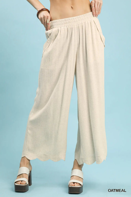 Scalloped Edge Linen Blend Pants