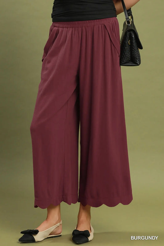 Burgundy Scalloped Edge Linen Bland Pants