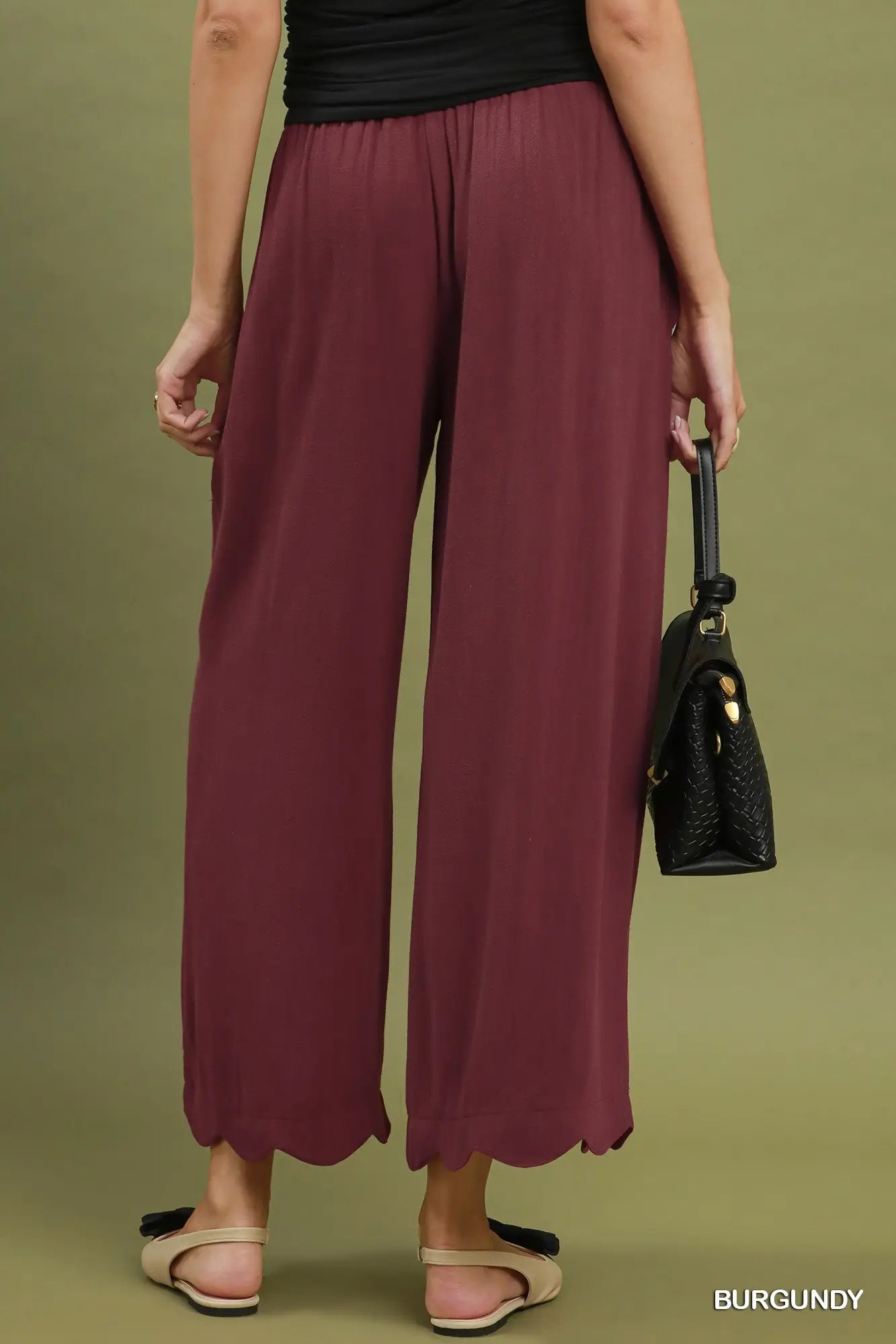 Burgundy Scalloped Edge Linen Bland Pants
