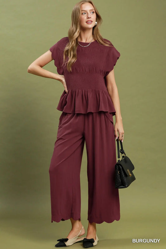 Burgundy Scalloped Edge Linen Bland Pants