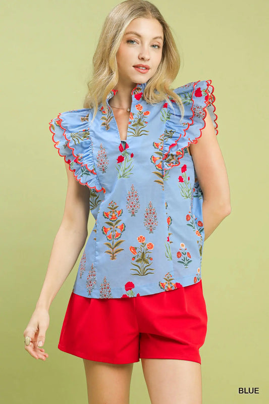 Blue Block Floral Print Top