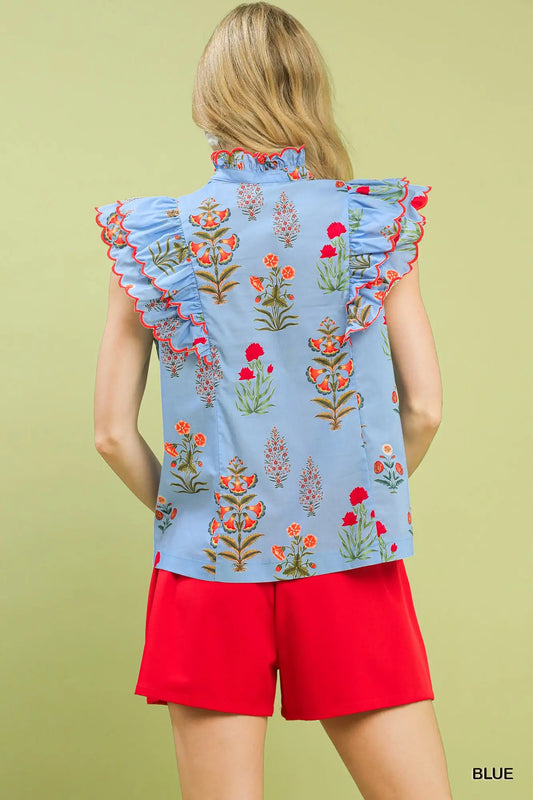 Blue Block Floral Print Top