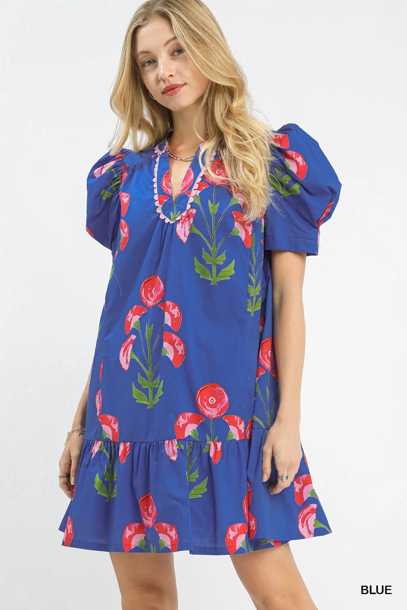 Floral Print Mini Dress with Scallop Trim
