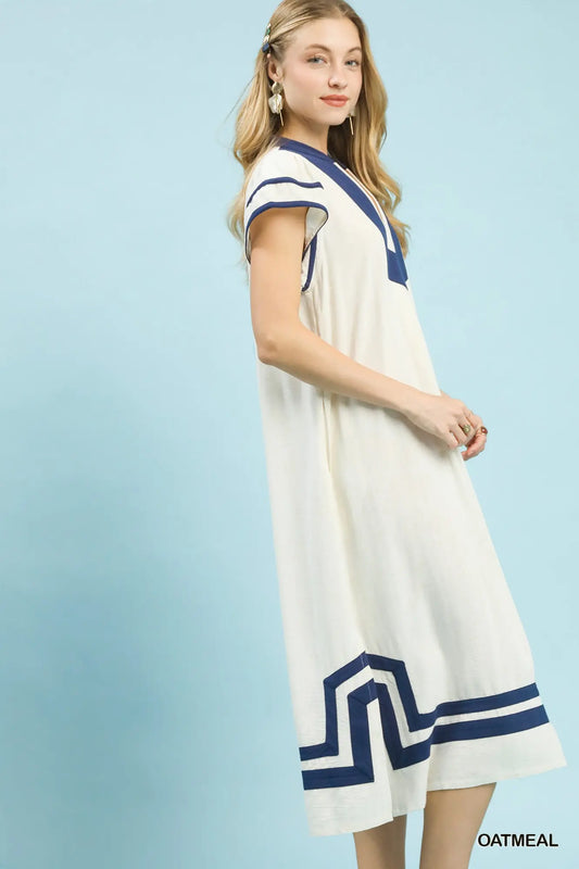 Linen Cotton Contrast Neckline Midi Dress