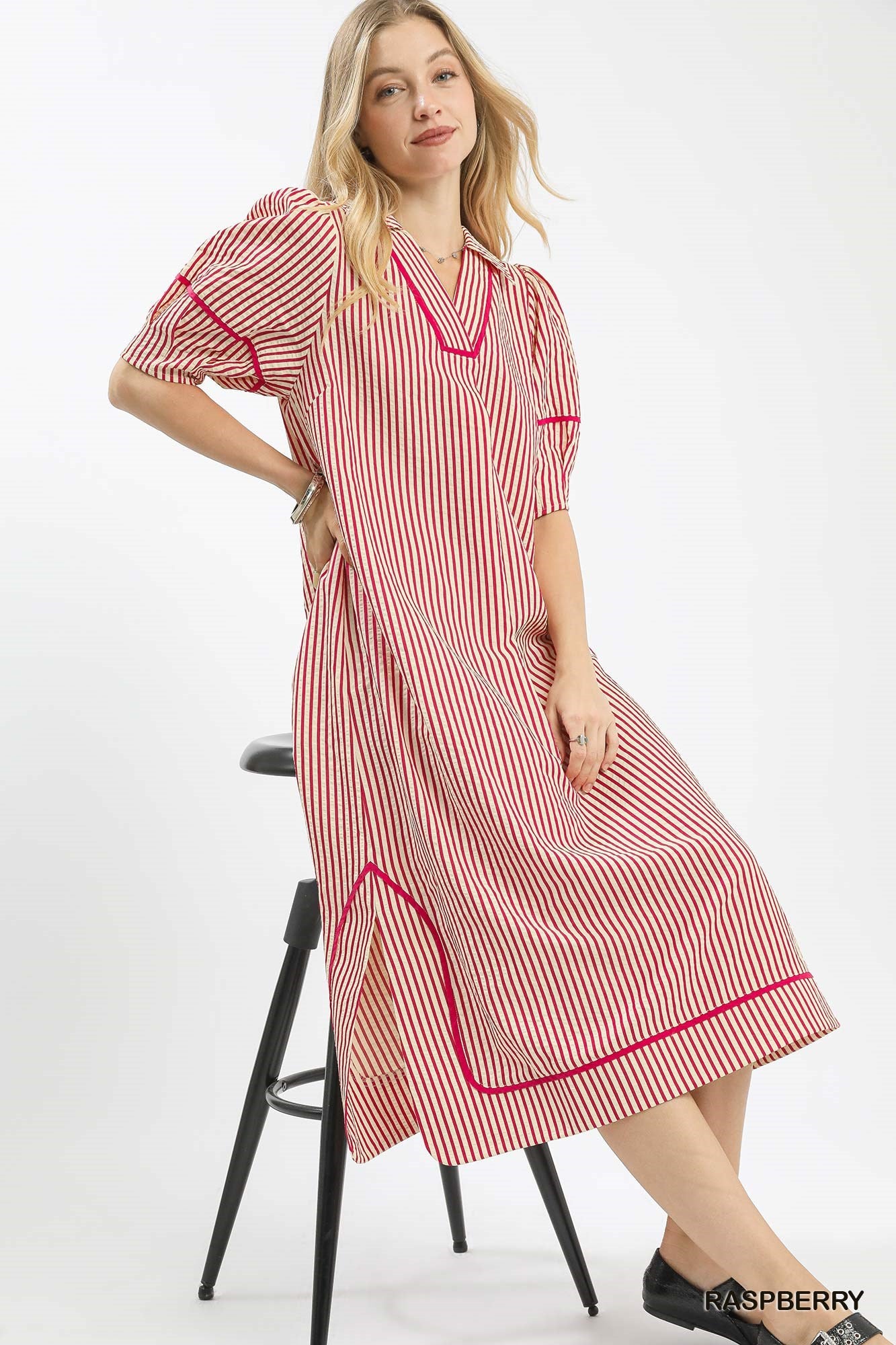 Seersucker Striped Fushia Dress