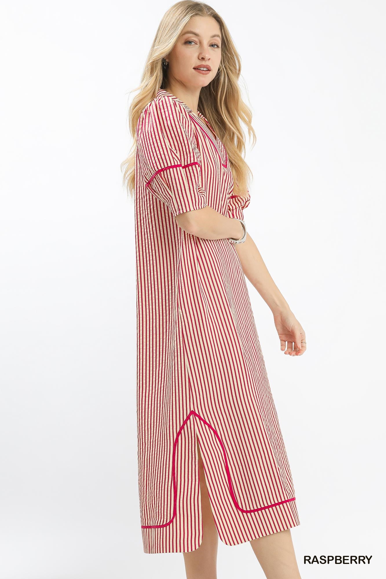Seersucker Striped Fushia Dress