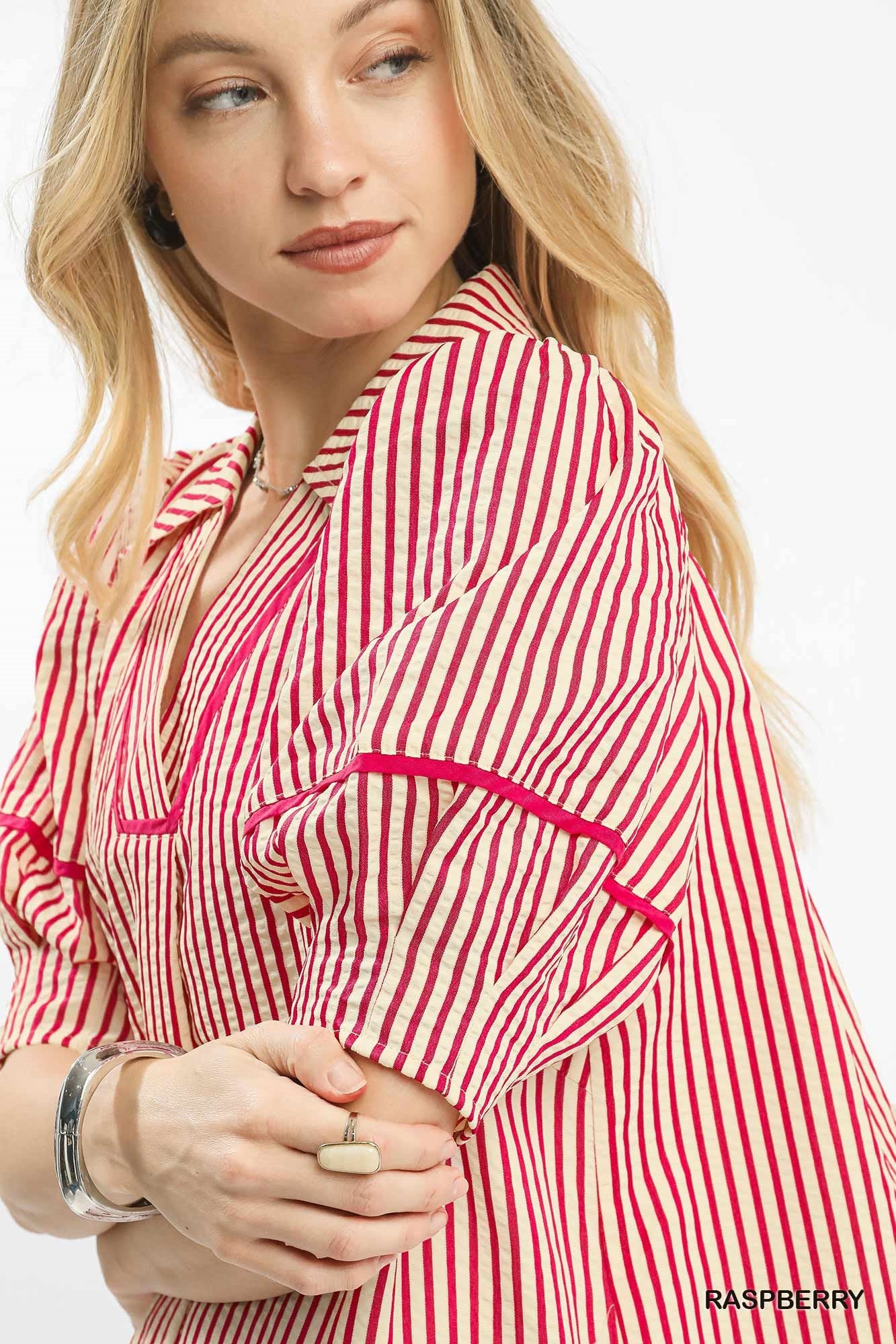 Seersucker Striped Fushia Dress