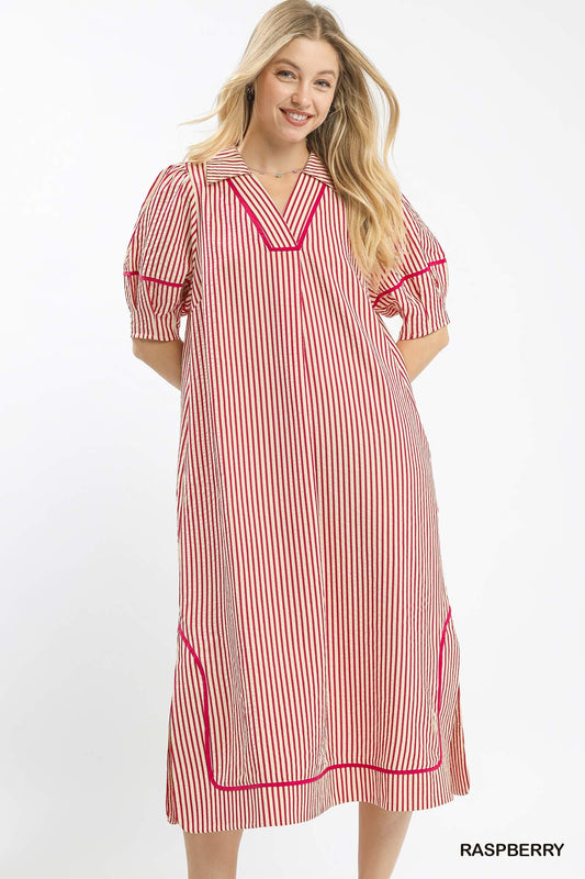 Seersucker Striped Fushia Dress