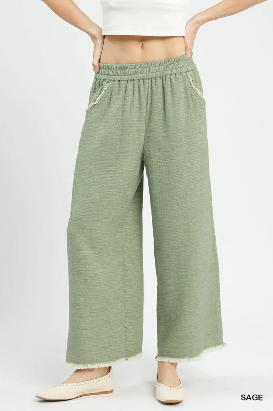 Frayed Hem Wide Leg Pants - Sage