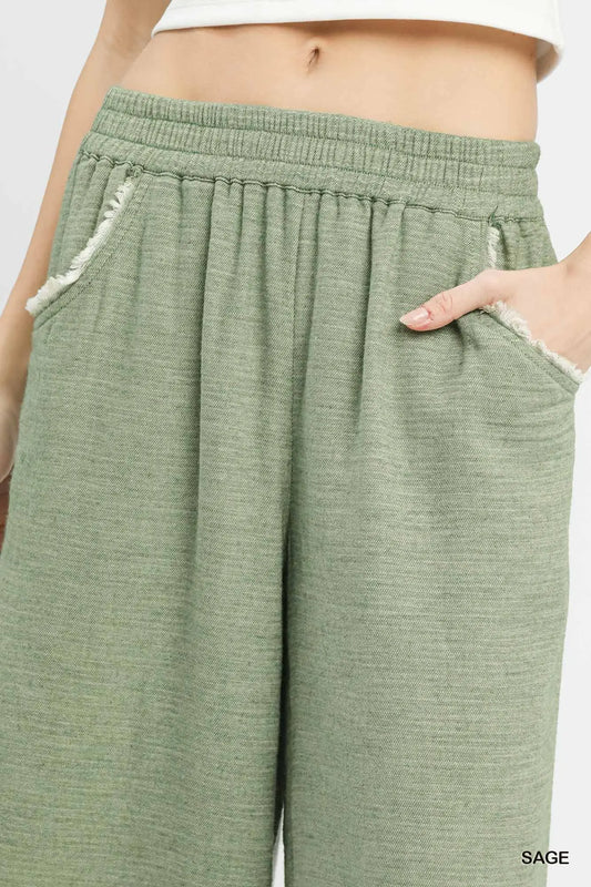 Frayed Hem Wide Leg Pants - Sage