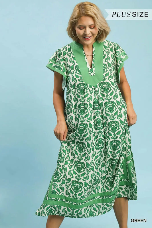 Green Abstract Two Tone Midi Dress