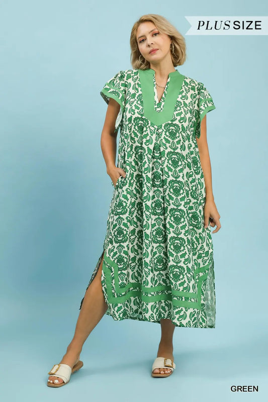 Green Abstract Two Tone Midi Dress