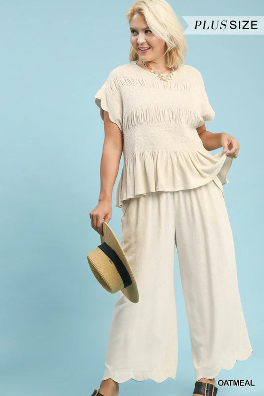 Linen Blend Oatmeal Peplum Top and Pants Set