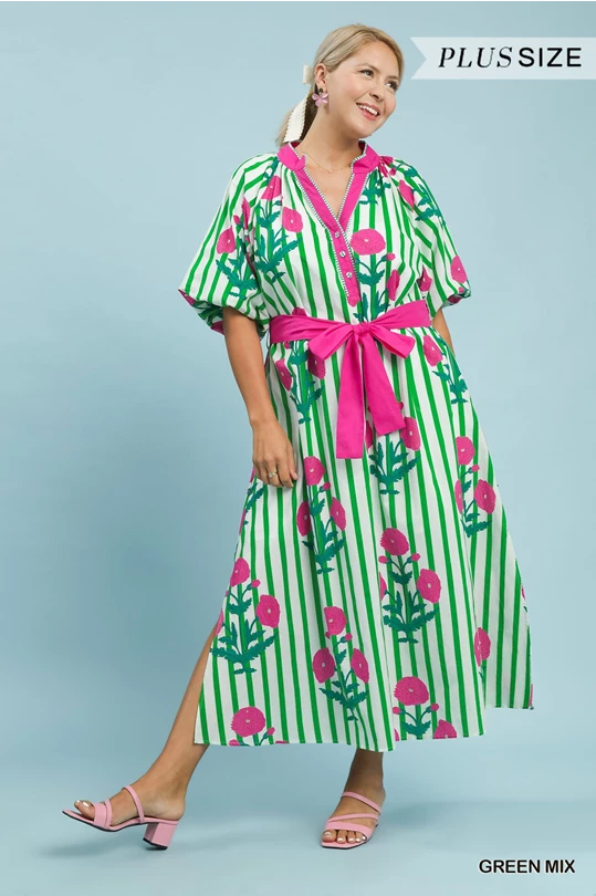 Striped Floral Maxi Dress with Waist Tie