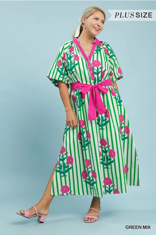 Striped Floral Maxi Dress with Waist Tie