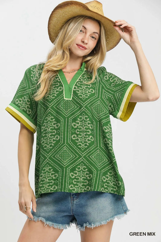 Green Geometric Print Top with Contrast Trim