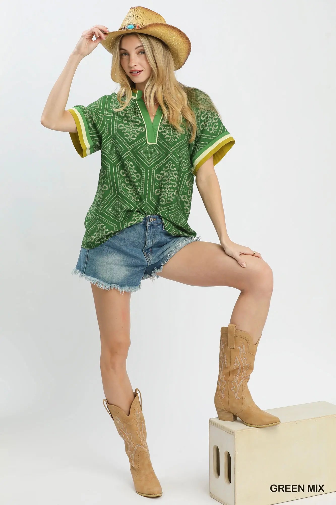 Green Geometric Print Top with Contrast Trim