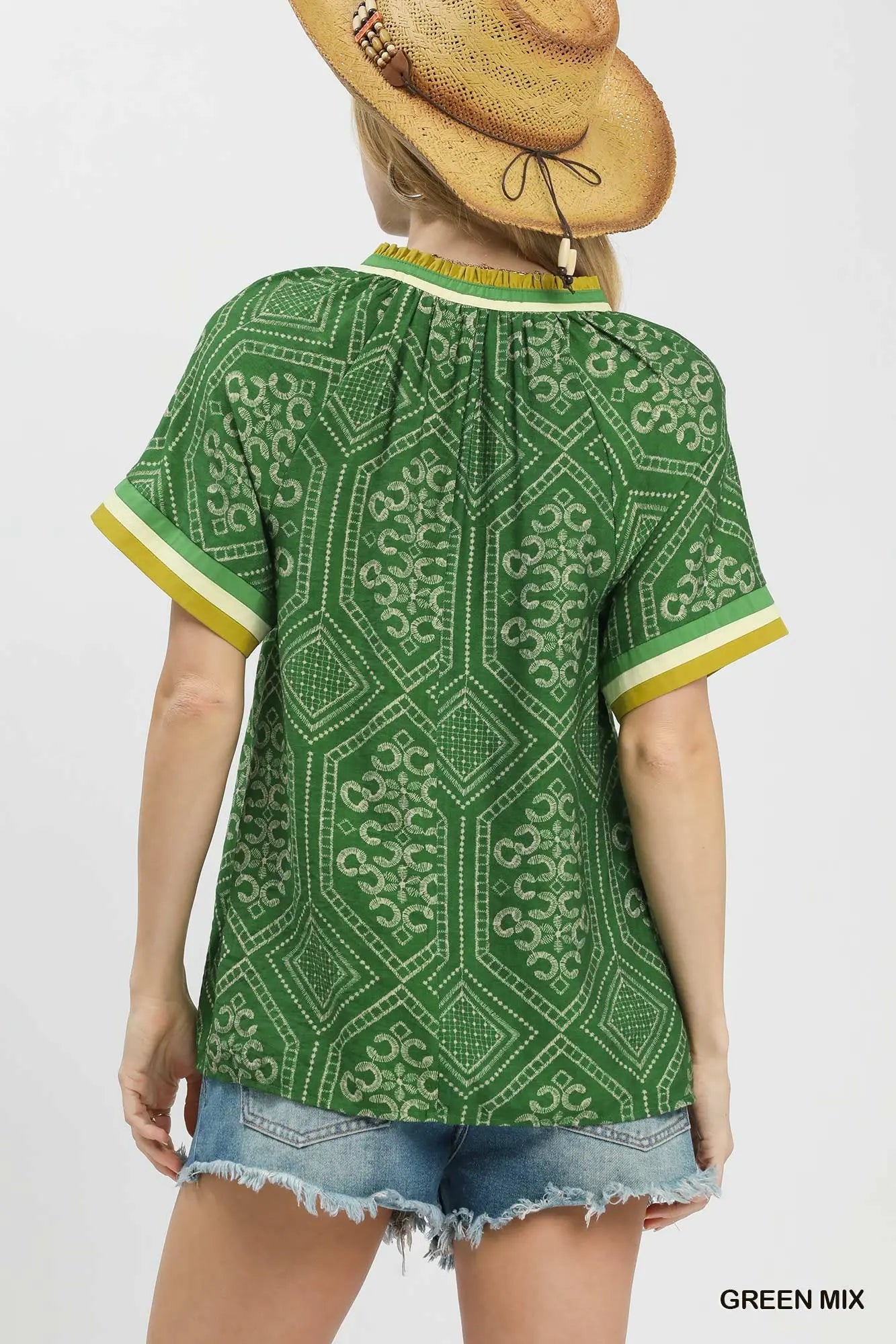 Green Geometric Print Top with Contrast Trim