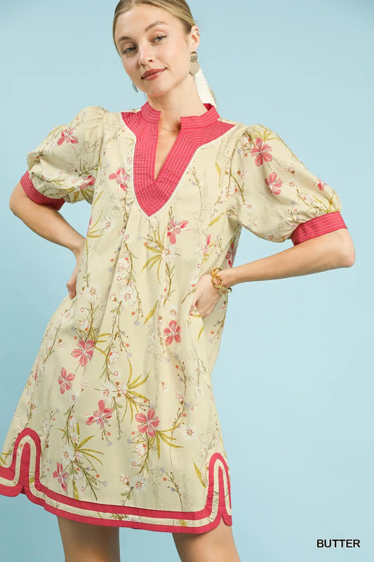 Yellow Floral Puff Sleeve Mini Dress