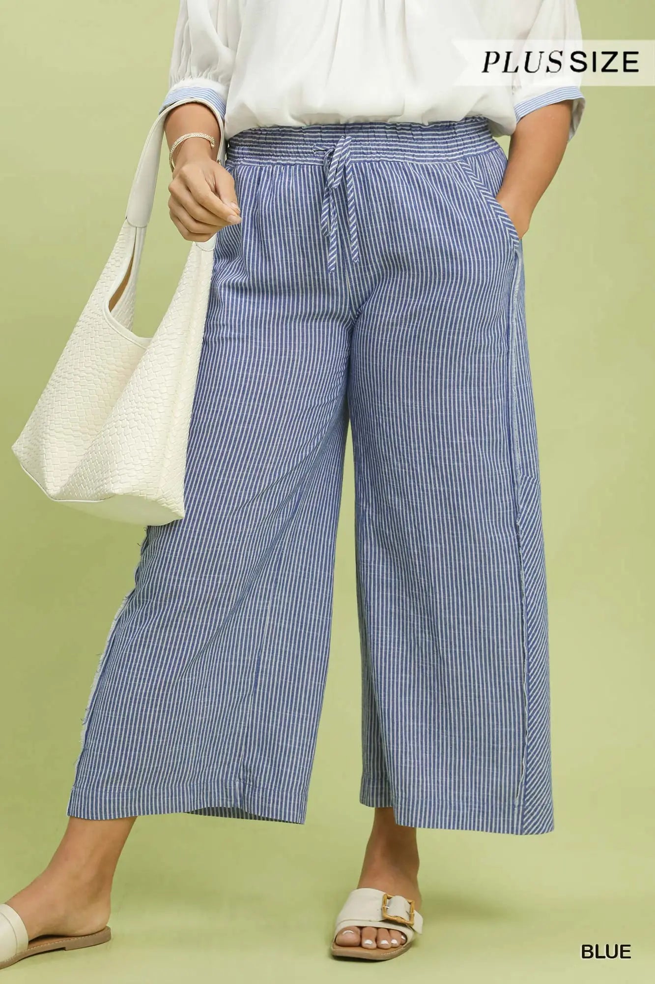 Linen Blend Striped Wide Leg Pants Blue