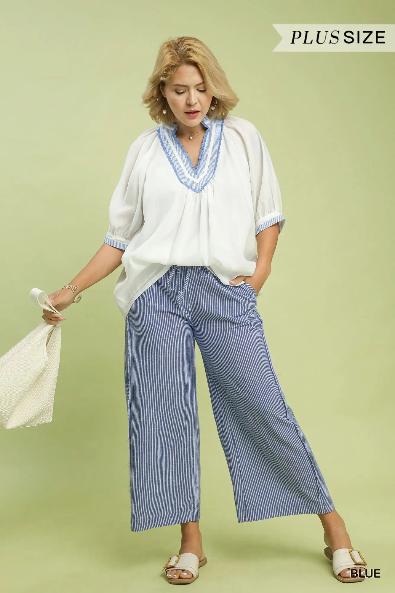 Linen Blend Striped Wide Leg Pants Blue