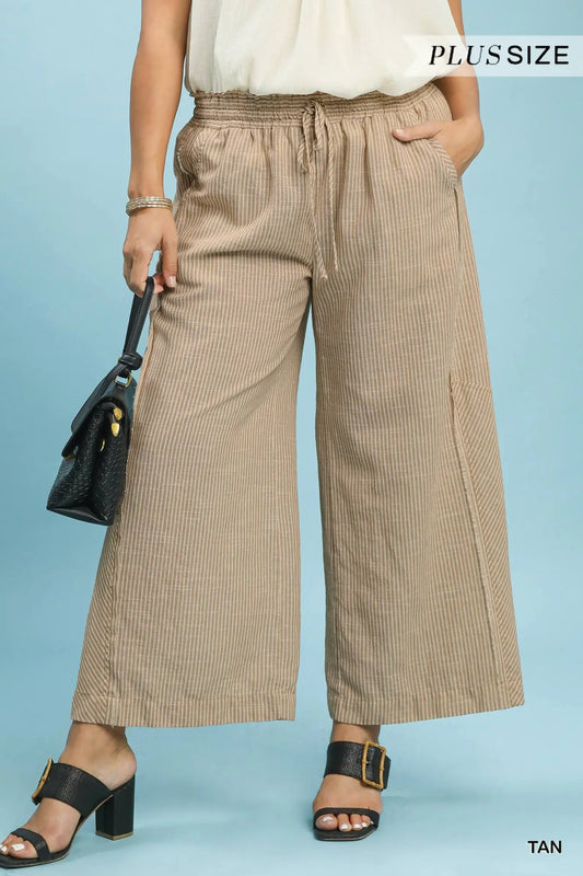 Linen Blend Striped Wide Leg Pants - Tan