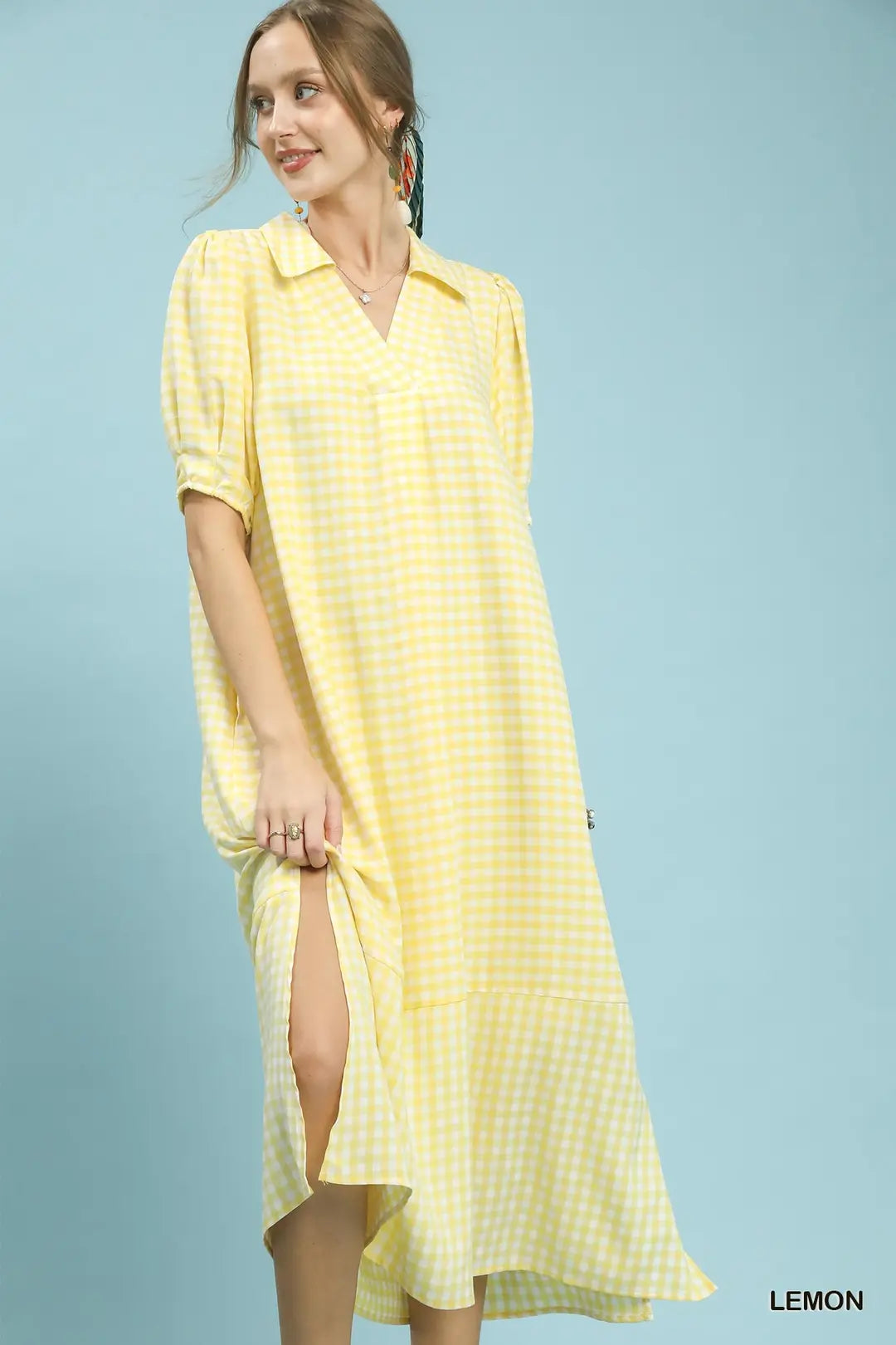 Lemon Gingham Midi Dress