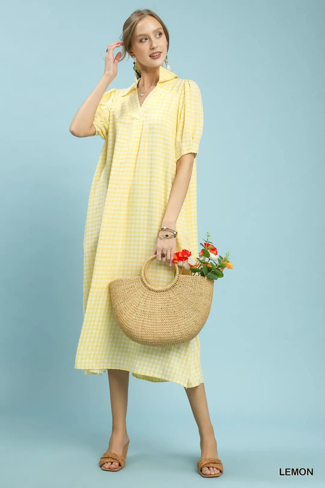 Lemon Gingham Midi Dress
