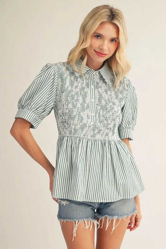 Smocked Peplum Green Stripe Top