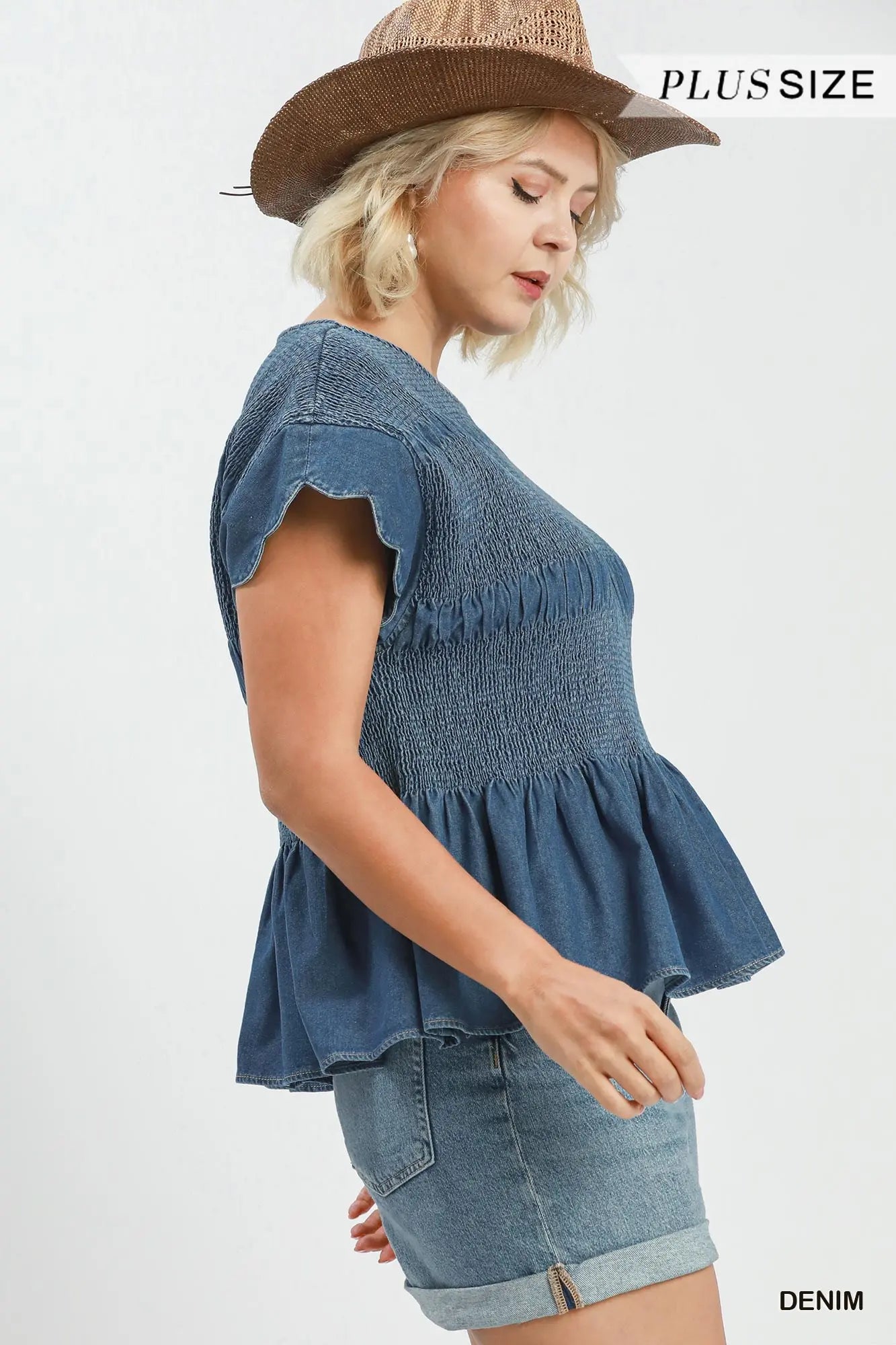 Chambray Scalloped Sleeve Smocked Top