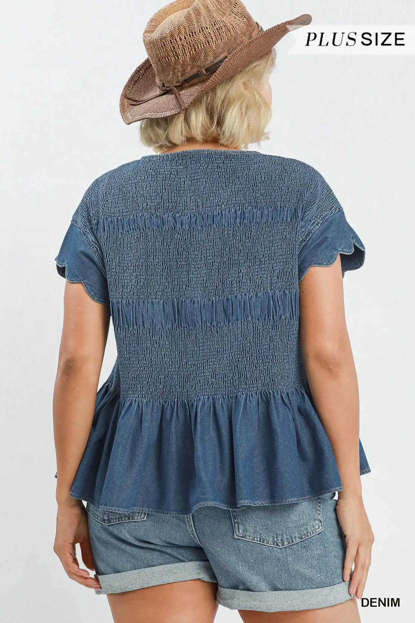 Chambray Scalloped Sleeve Smocked Top