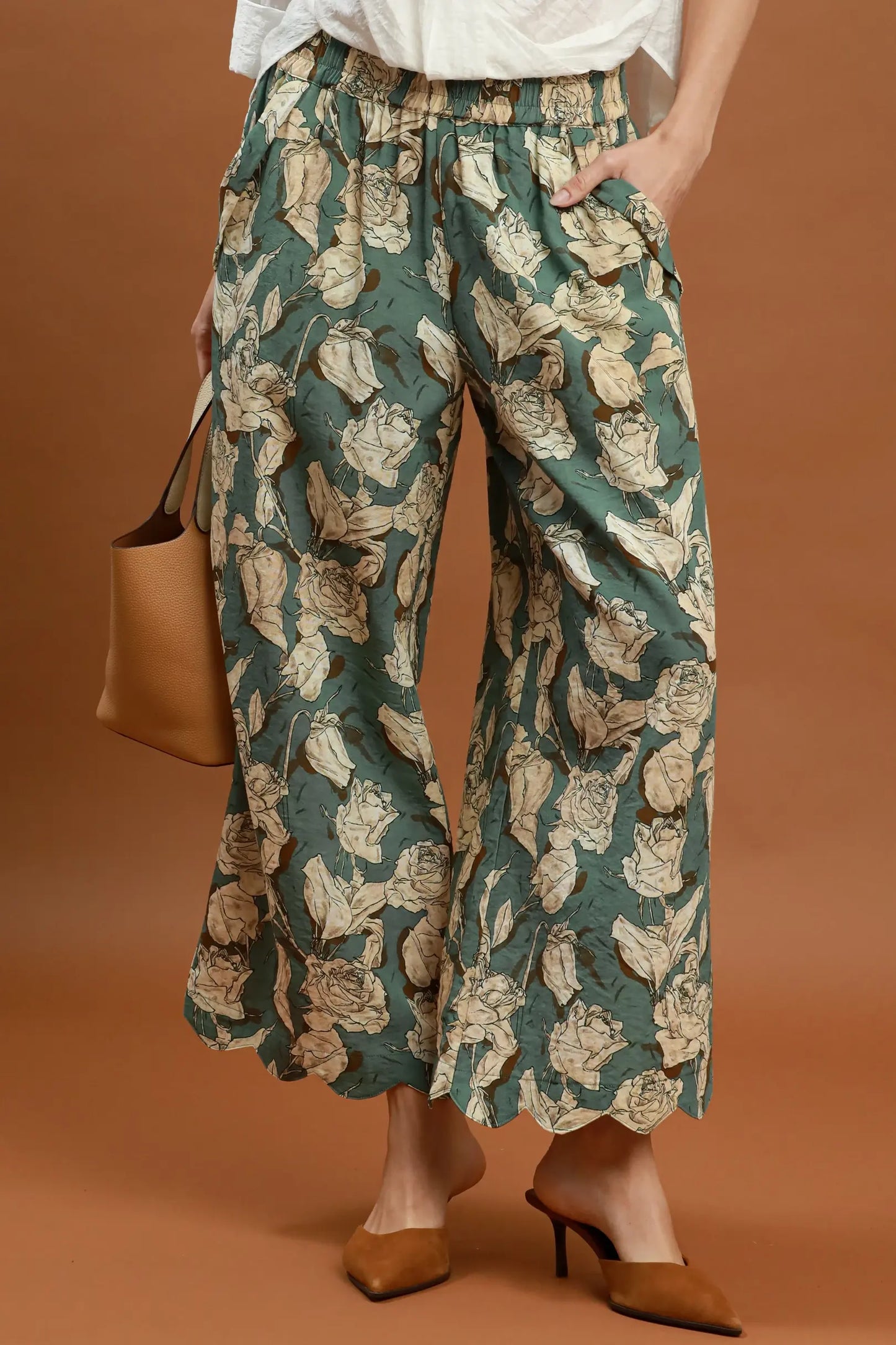 Sage Mix Scallop Hem Wide Leg Pants